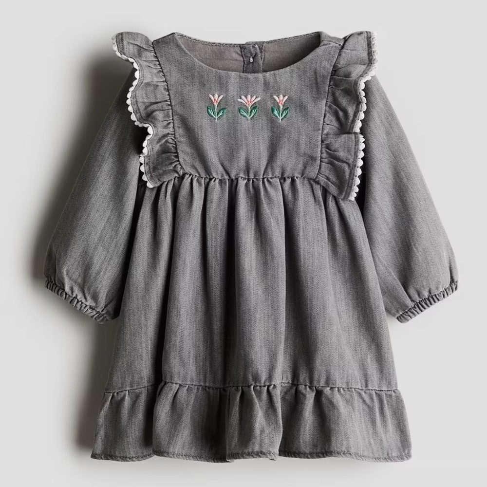 H&M Baby Long Sleeve Ruffled Dress with Embroidered Flowers in Gray